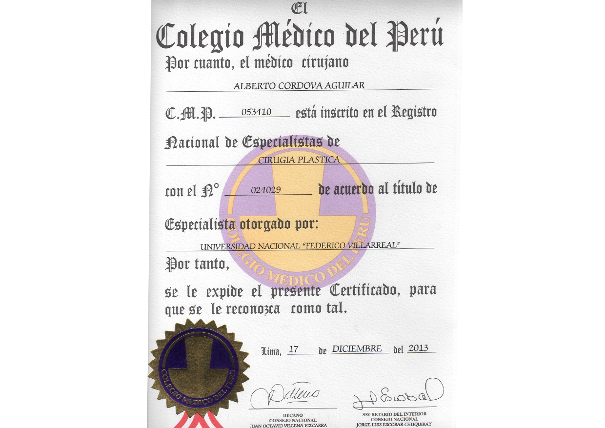 Colegio Médico del Perú Certificado de Especialización